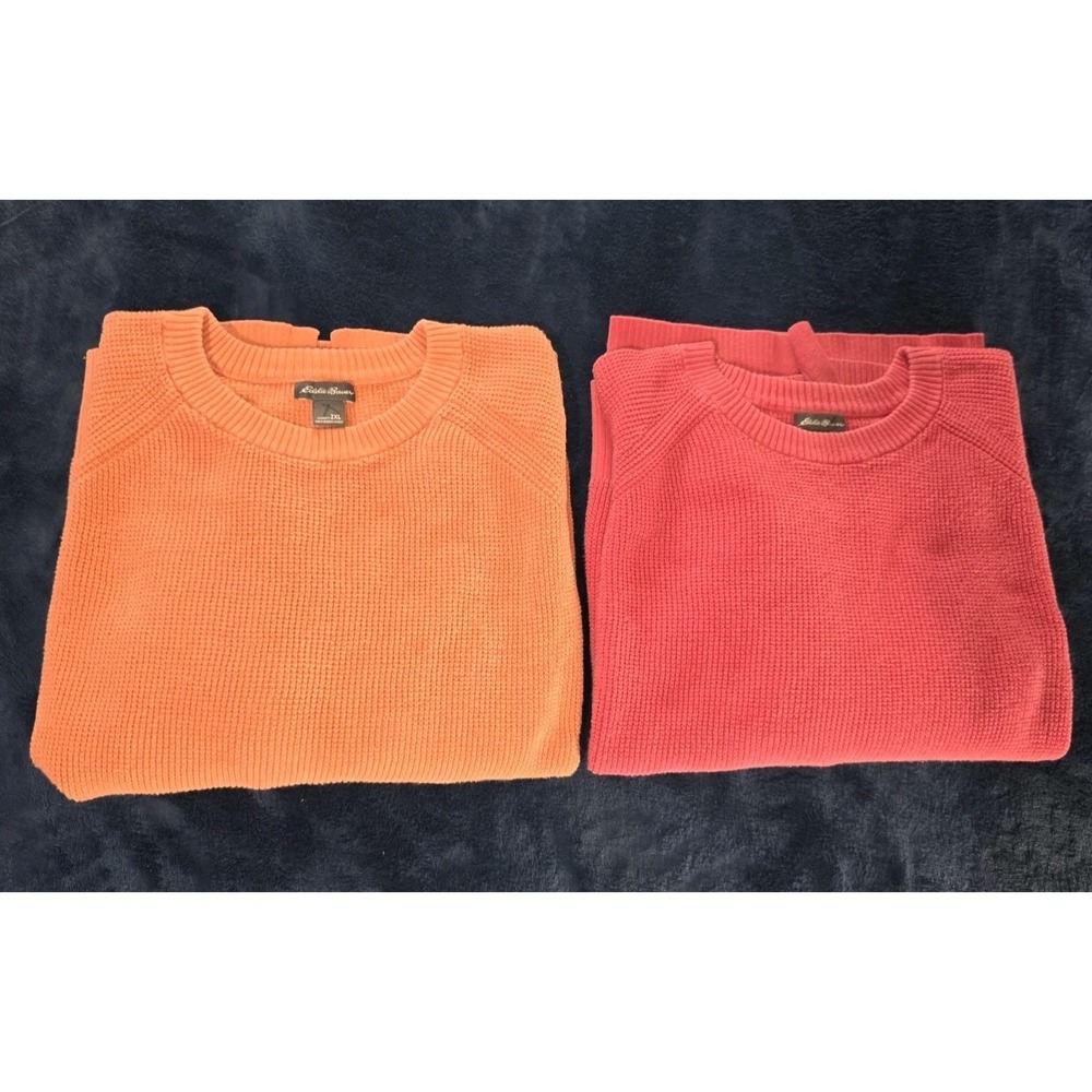Eddie Bauer Waffle Knit Sweater 2XL XXL Orange & Pink‎ 2 Pc Crewneck Shirt Lot - Picture 1 of 12